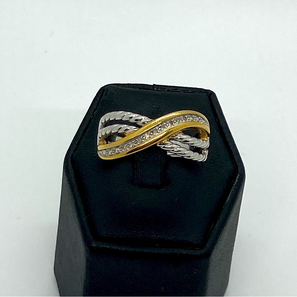 Vtg Sterling Silver & Diamond Gold Plated Rope Twist Ring | Sz 10